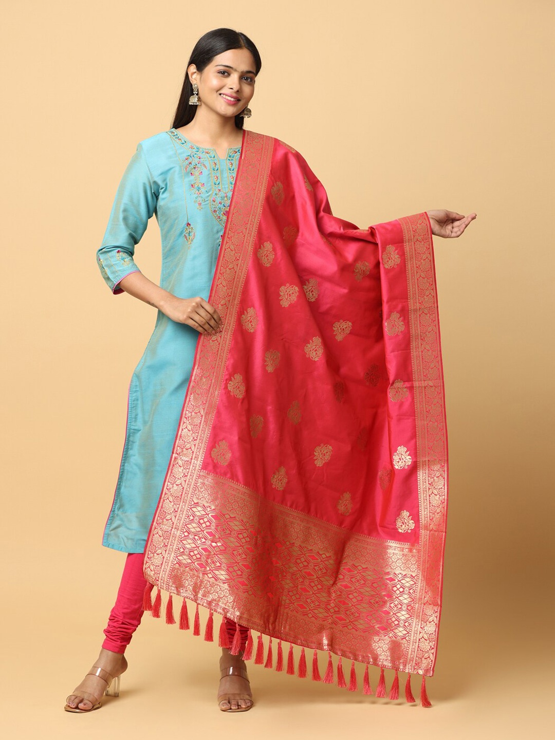 

VASTRANAND Ethnic Motifs Woven Design Dupatta With Zari, Pink