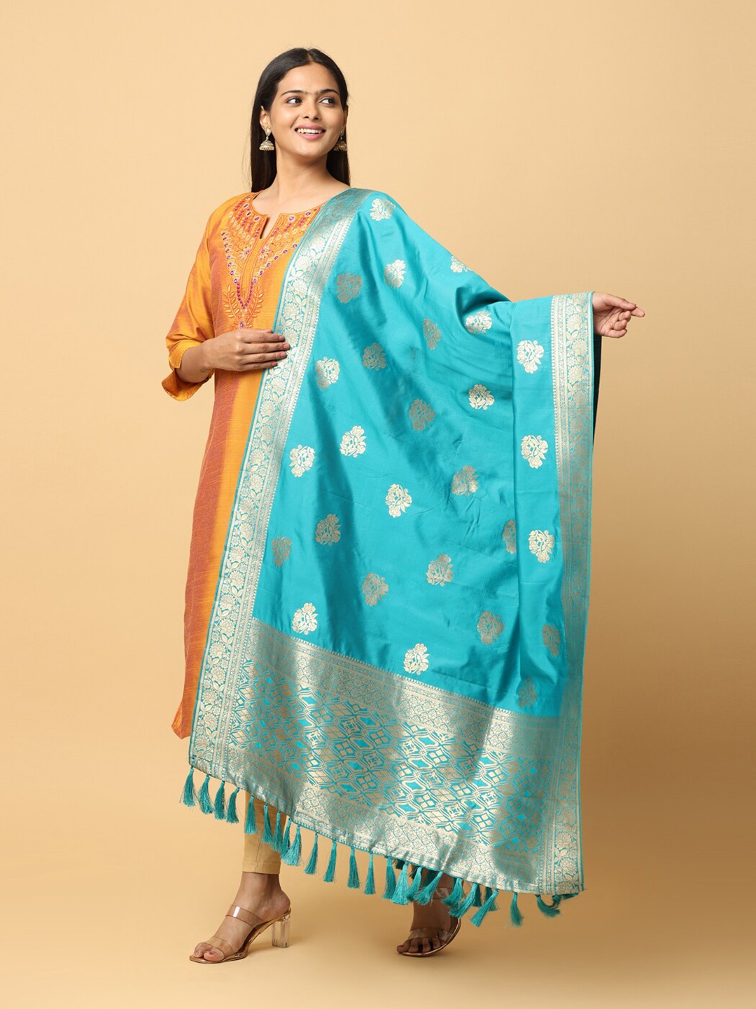 

VASTRANAND Floral Woven Design Dupatta, Blue