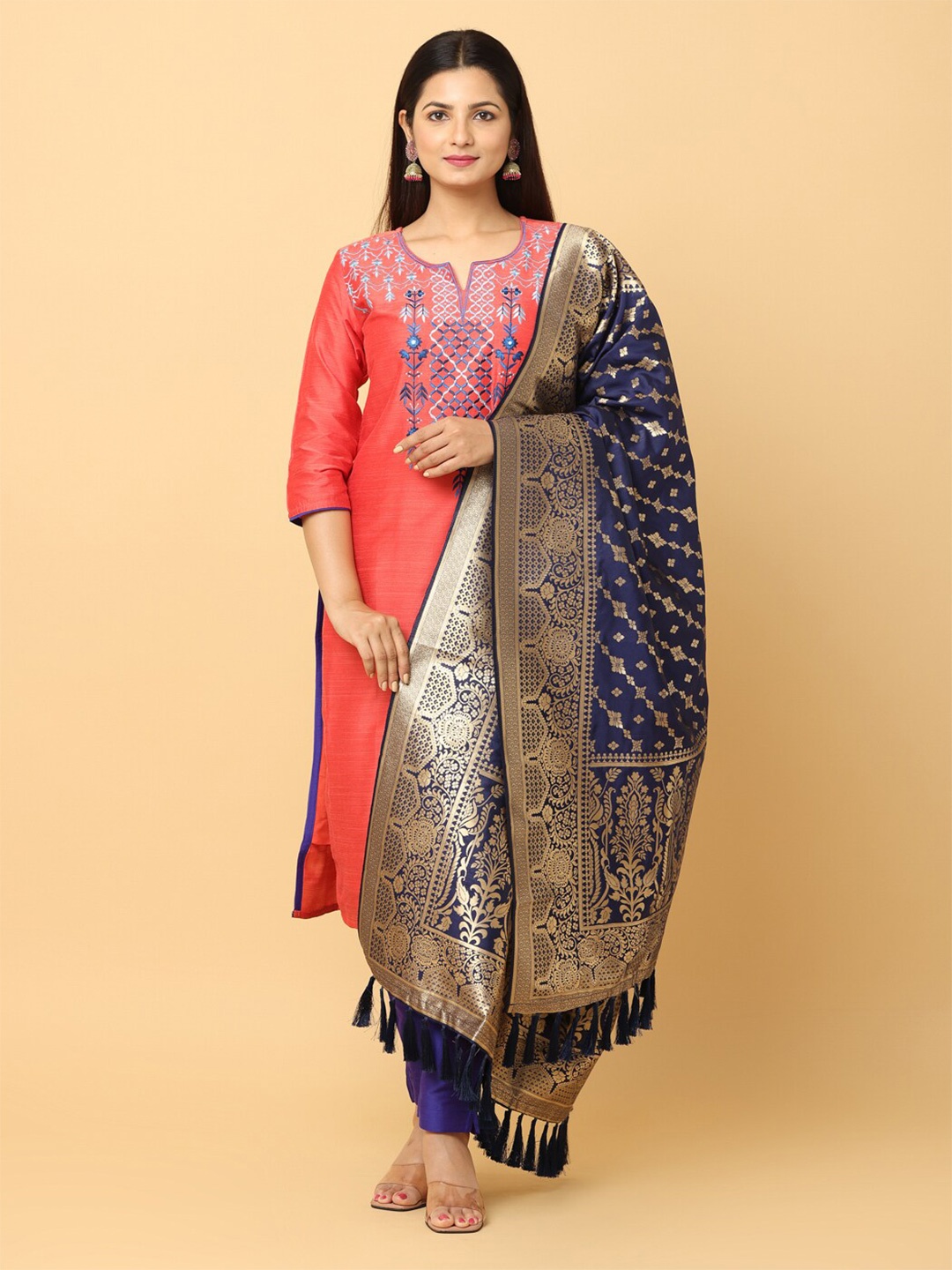 

VASTRANAND Ethnic Motifs Woven Design Zari Dupatta, Navy blue