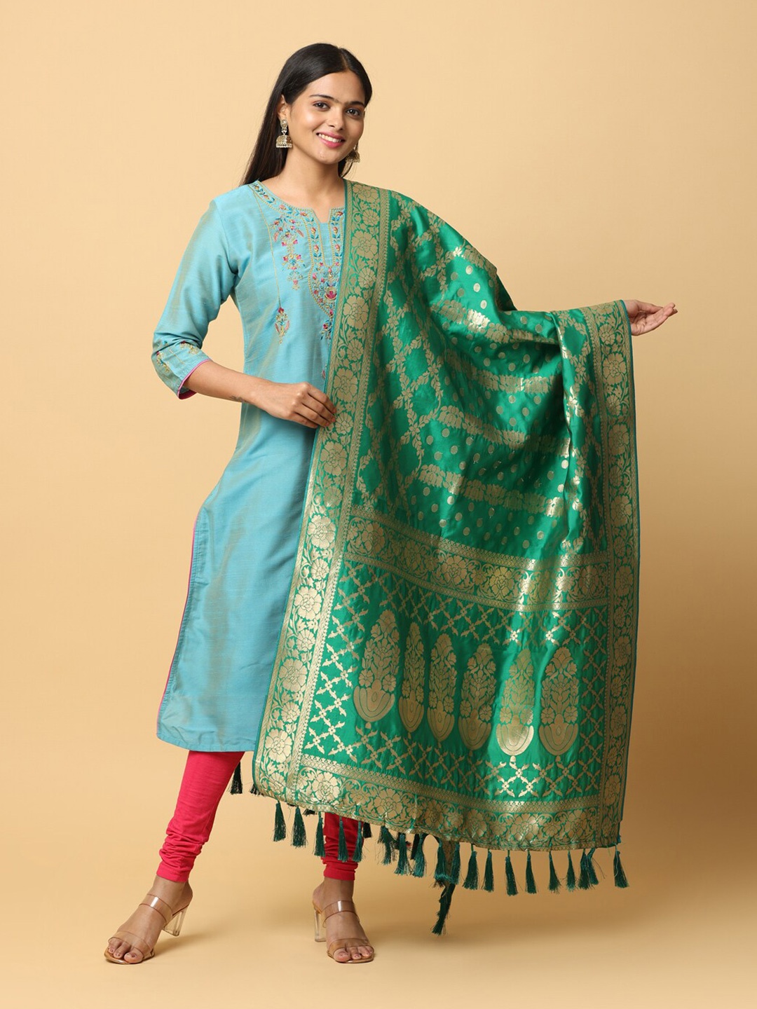

VASTRANAND Ethnic Motifs Woven Design Zari Dupatta, Green