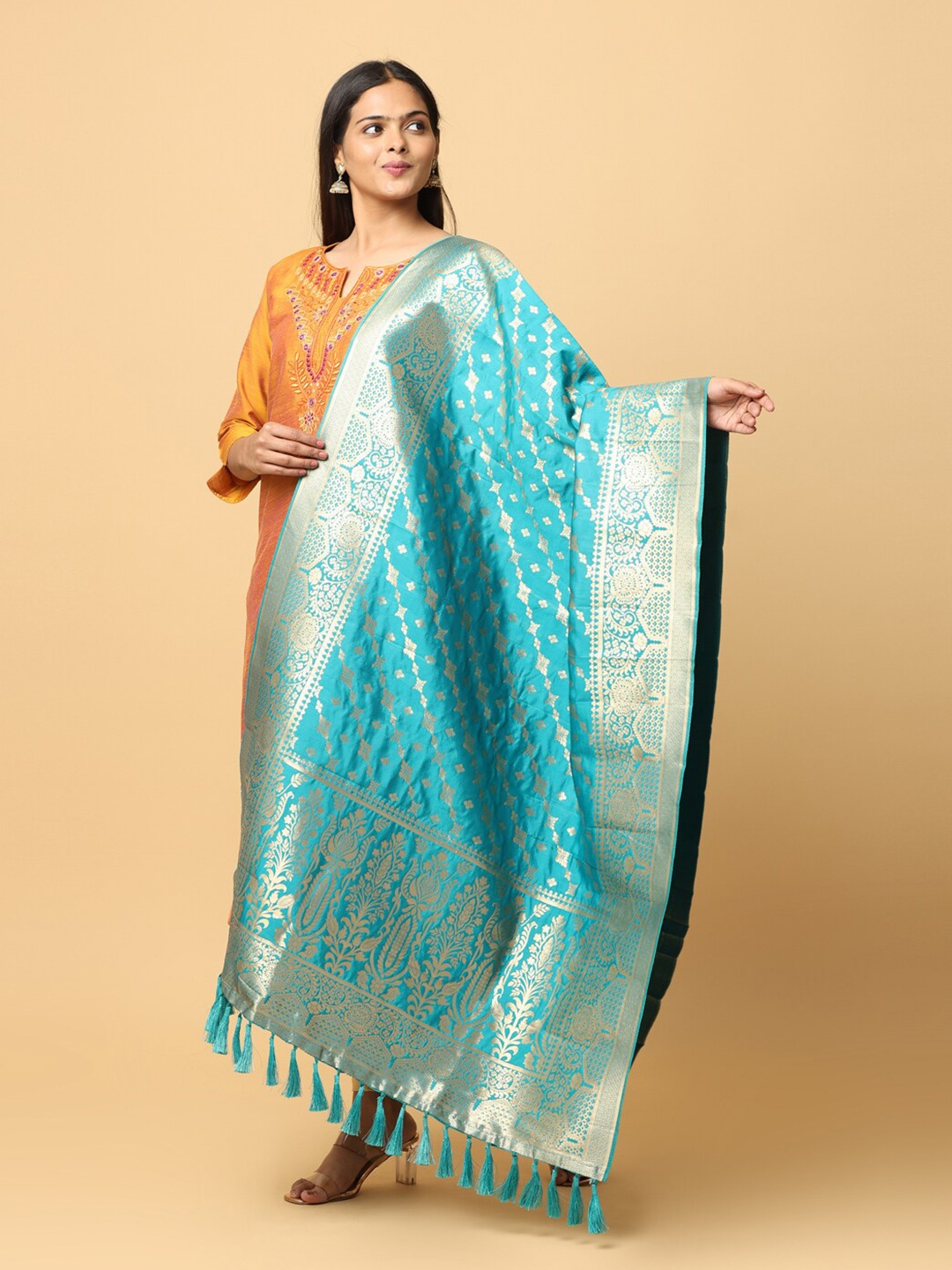 

VASTRANAND Ethnic Motifs Woven Design Zari Dupatta, Teal