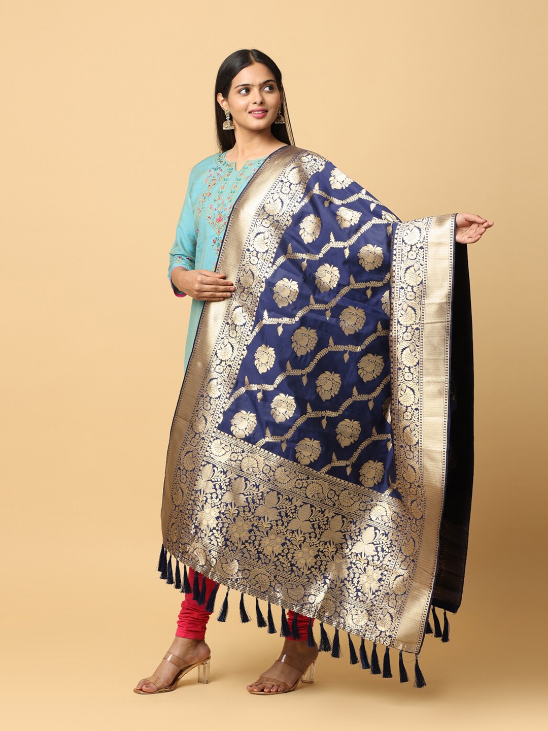 

VASTRANAND Floral Woven Design Zari Dupatta, Navy blue
