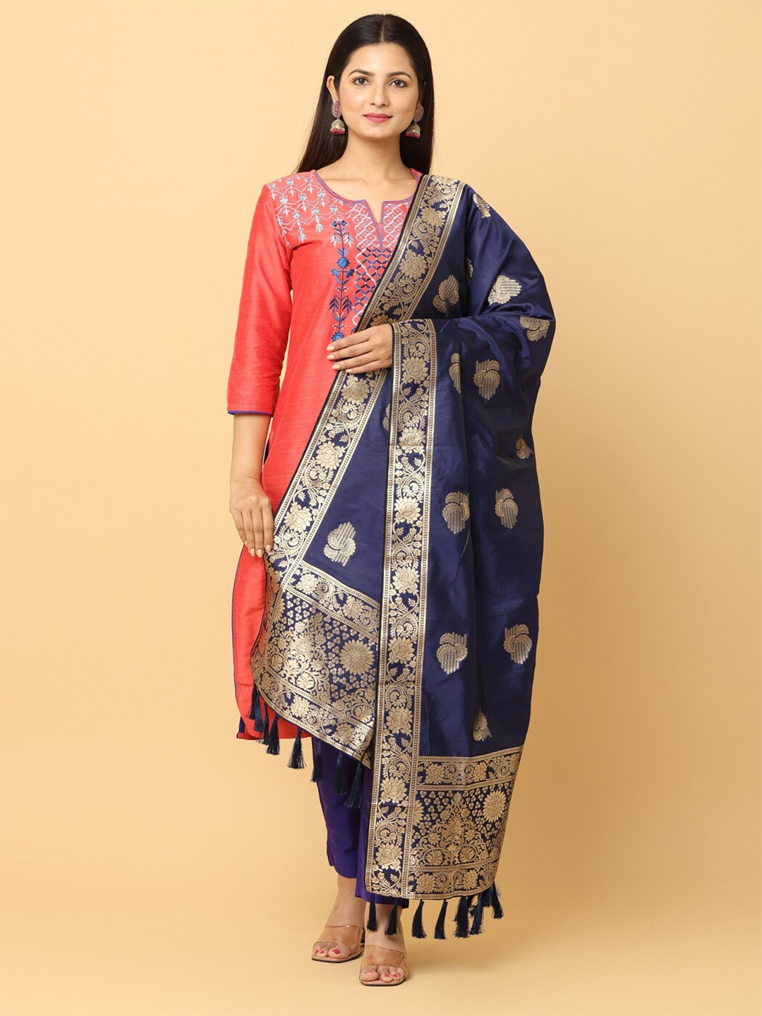 

VASTRANAND Floral Woven Design Zari Dupatta, Navy blue