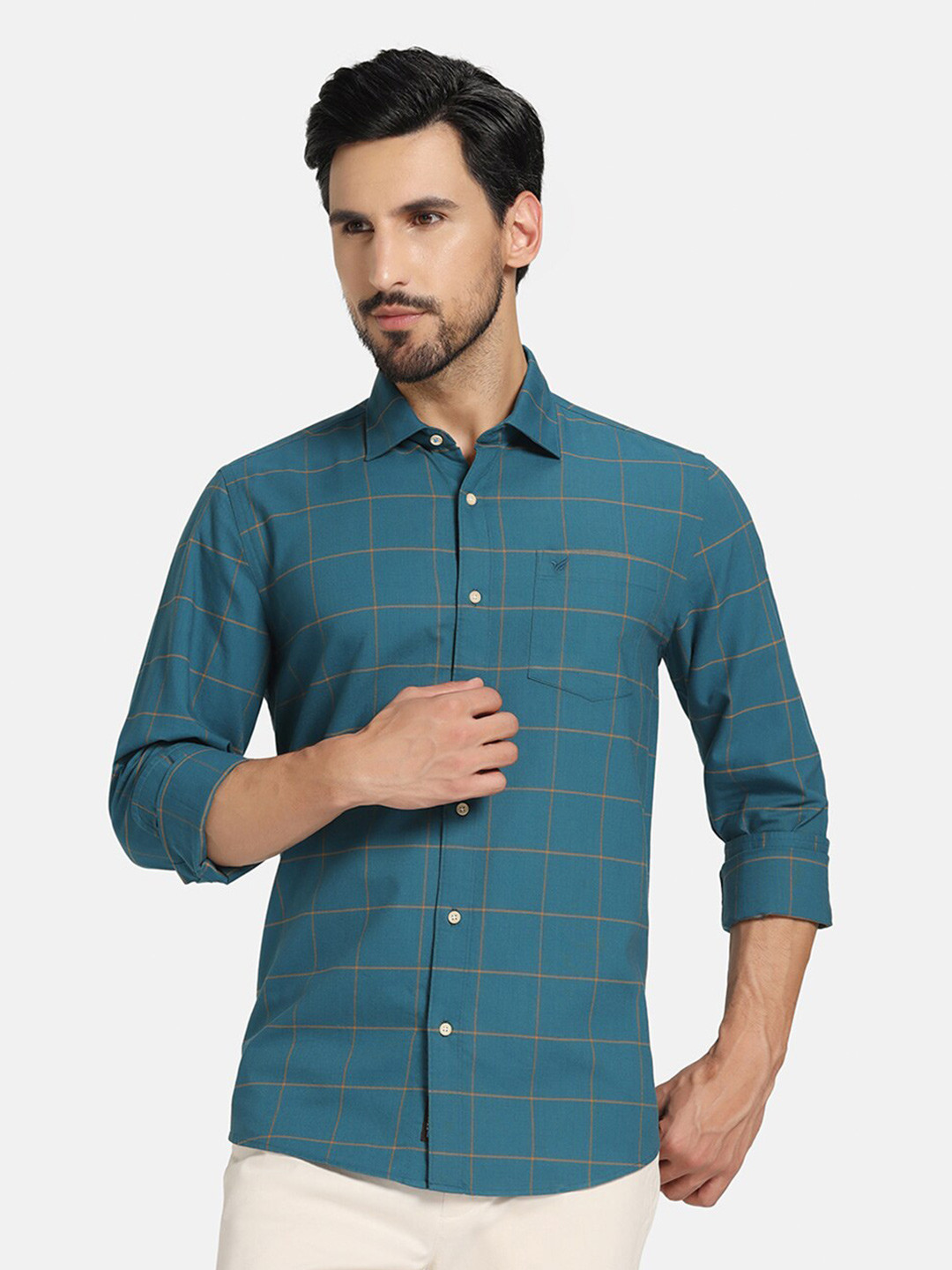 

Blackberrys India Slim Checked Spread Collar Pure Cotton Casual Shirt, Teal