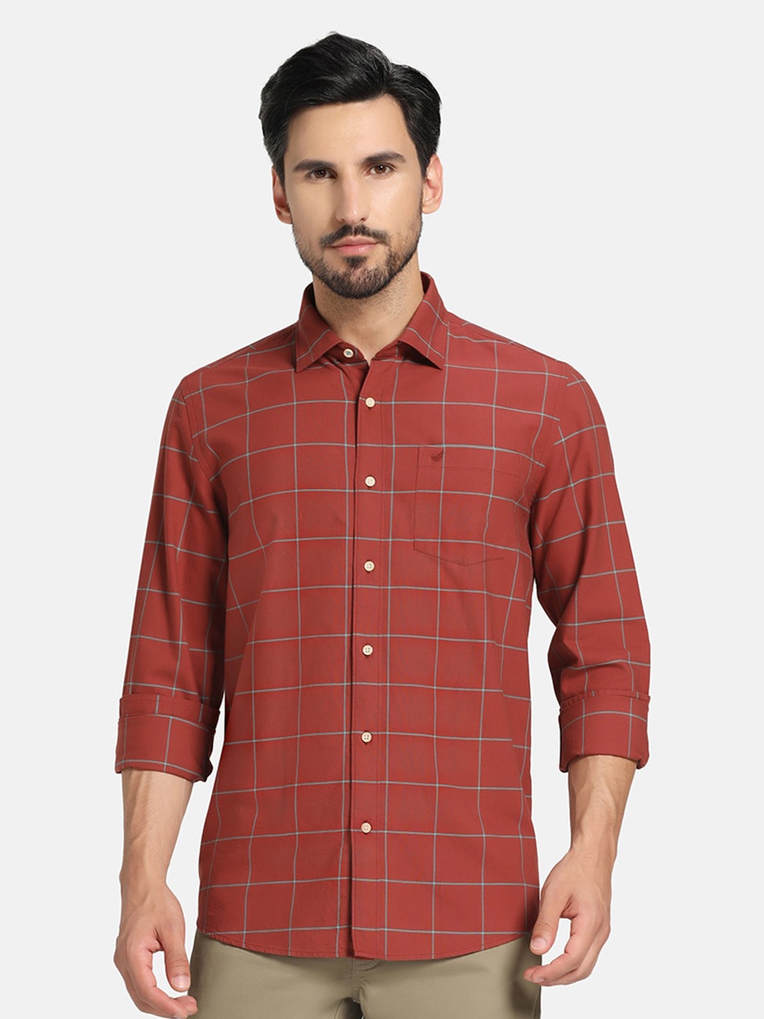 

Blackberrys India Slim Windowpane Checked Spread Collar Pure Cotton Casual Shirt, Rust