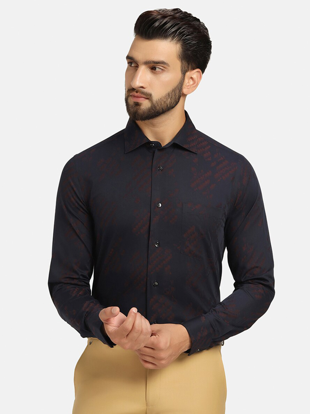 

Blackberrys Indian Slim Slim Fit Abstract Printed Spread Collar Pure Cotton Formal Shirt, Black