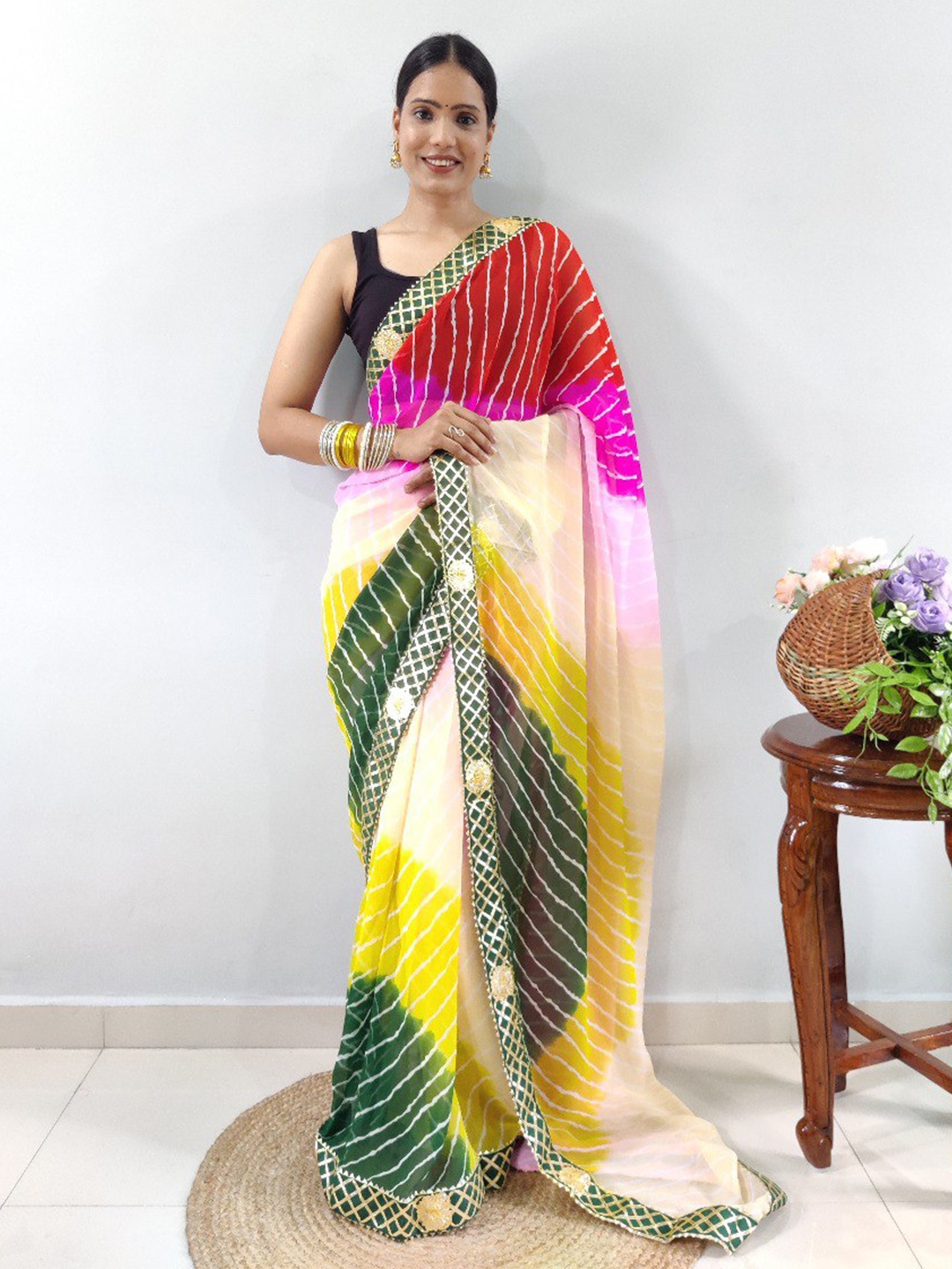 

VEERAX Leheriya Printed Gotta Patti Pure Georgette Ready to Wear Leheriya Saree, Green
