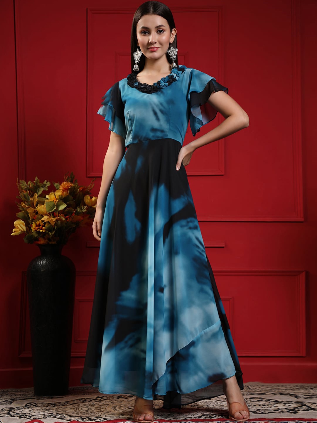 

BLACK SCISSOR Abstract Printed Flared Sleeves Georgette Maxi Ethnic Dresses, Teal