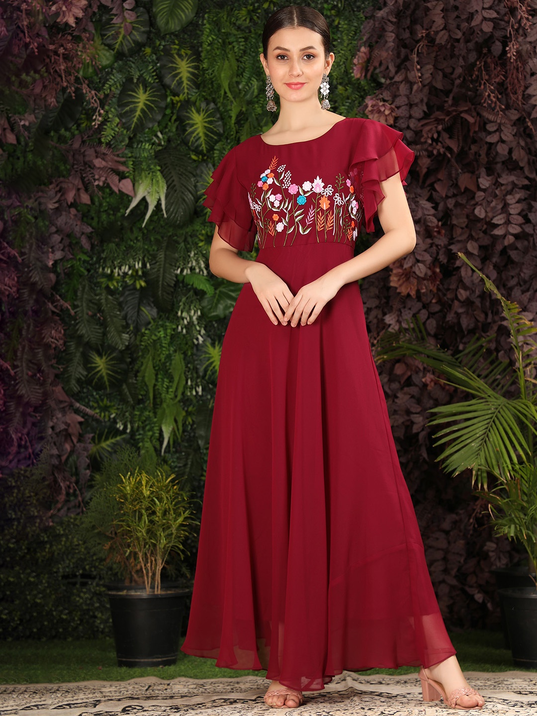 

BLACK SCISSOR Floral Embroidered Flared Sleeves Georgette Maxi Ethnic Dresses, Maroon