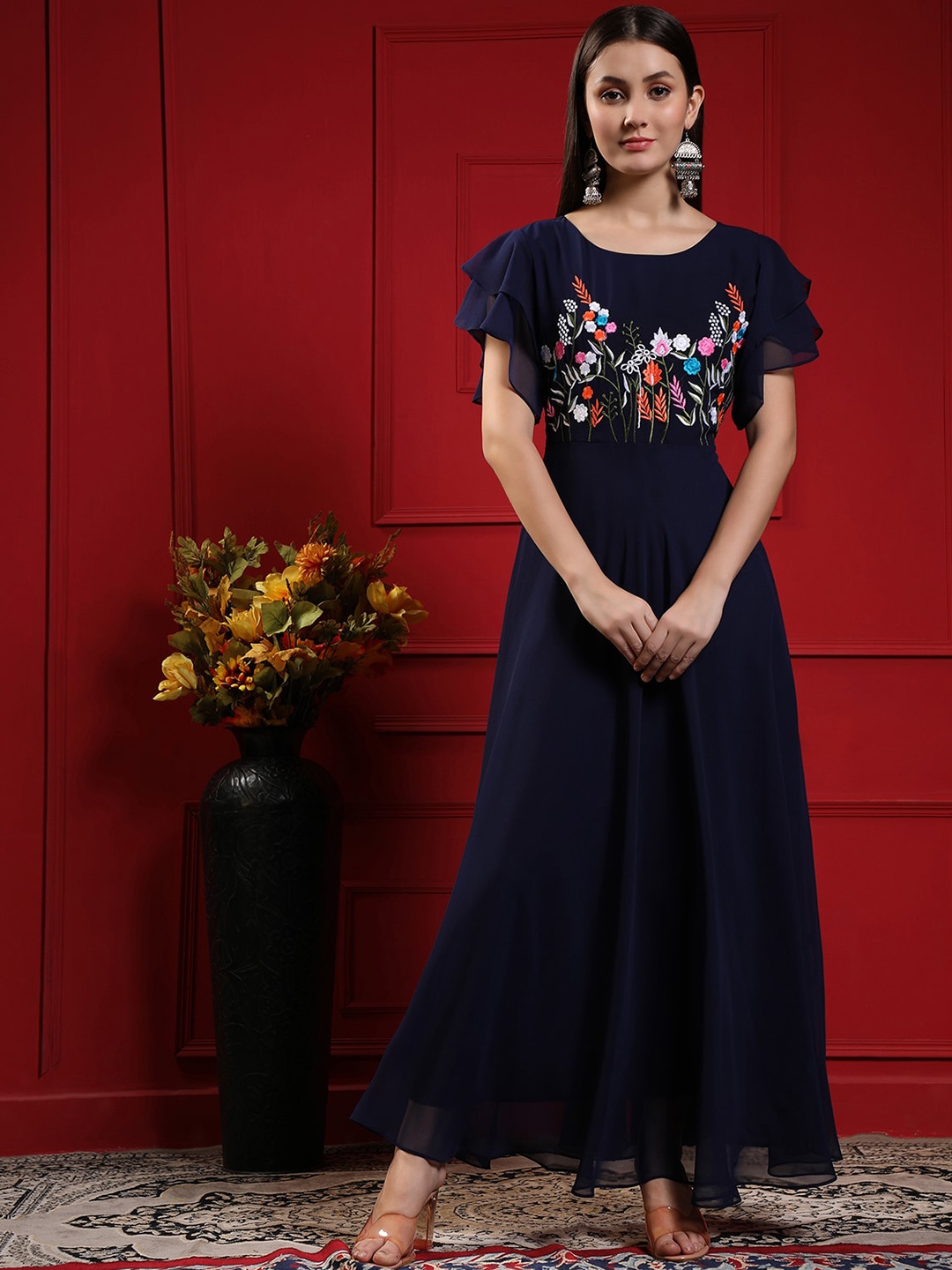 

BLACK SCISSOR Flutter Sleeves Embroidered Detailed Maxi Ethnic Dress, Navy blue