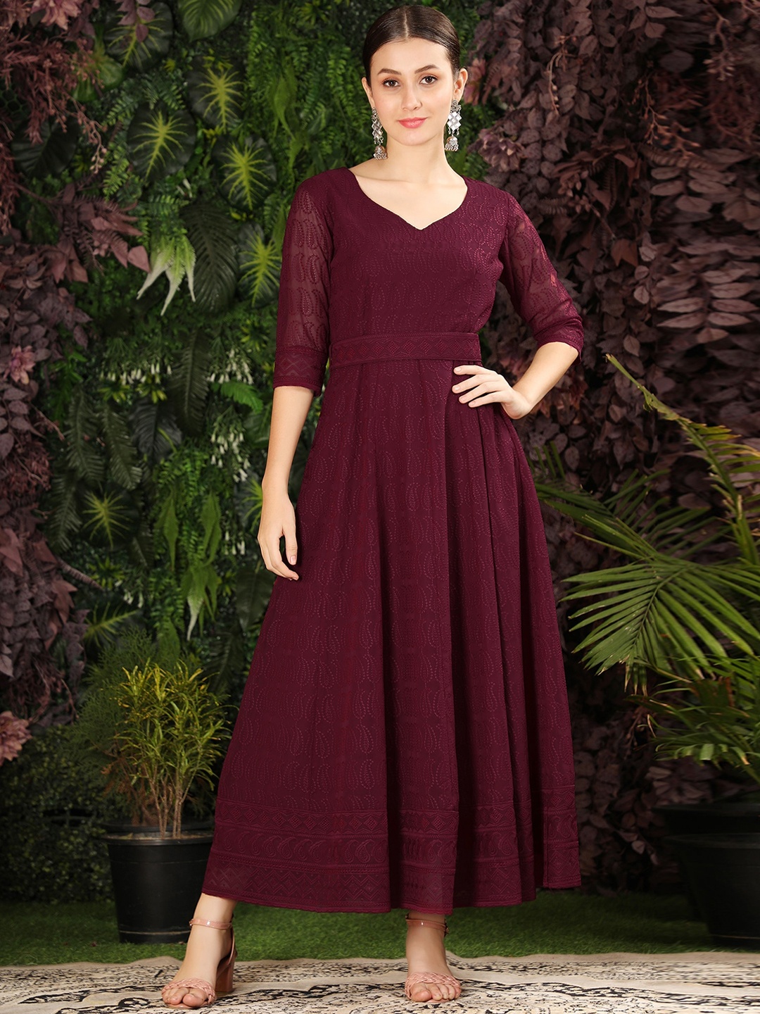 

BLACK SCISSOR Ethnic Motifs Embroidered Chikankari Fit & Flare Midi Ethnic Dress With Belt, Burgundy