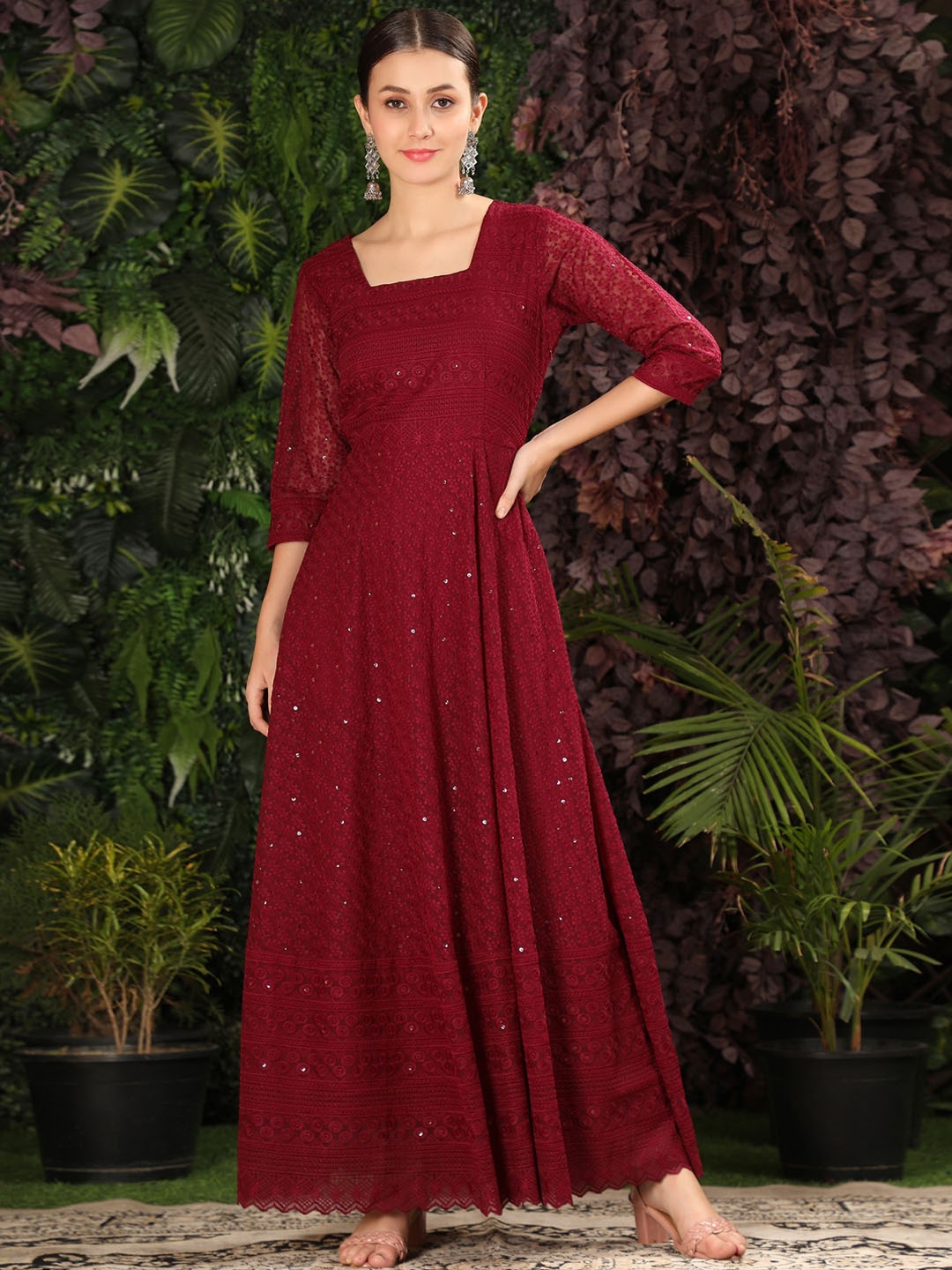 

BLACK SCISSOR Floral Embroidered Georgette Maxi Gown Ethnic Dress, Burgundy