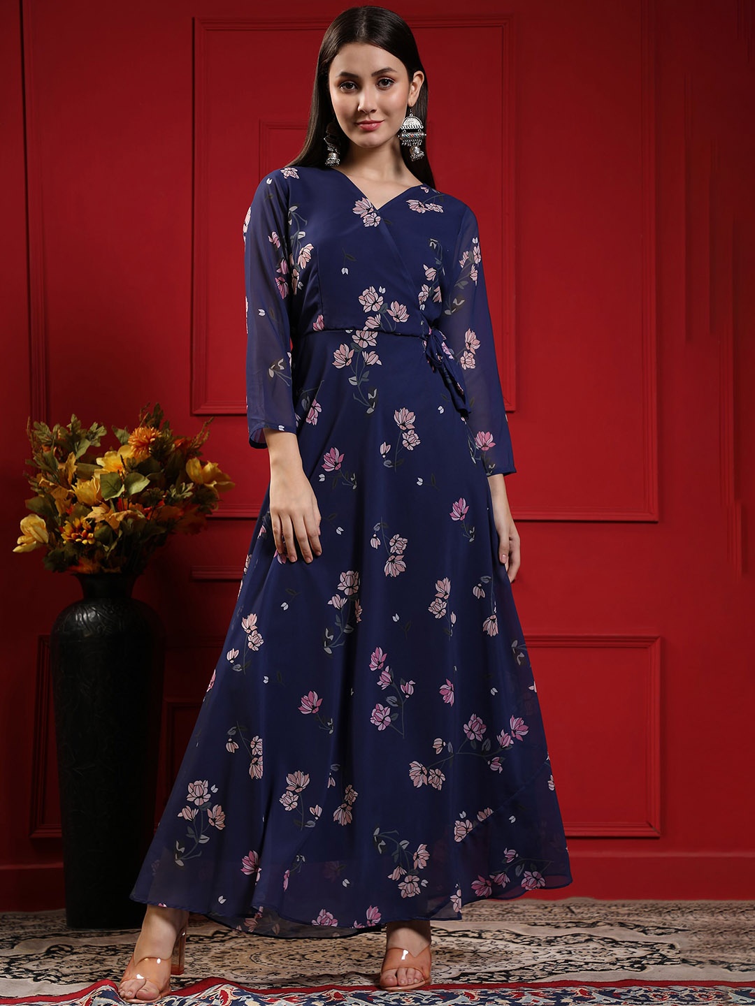 

BLACK SCISSOR Floral Printed Gathered Georgette Fit & Flare Maxi Ethnic Dress, Navy blue