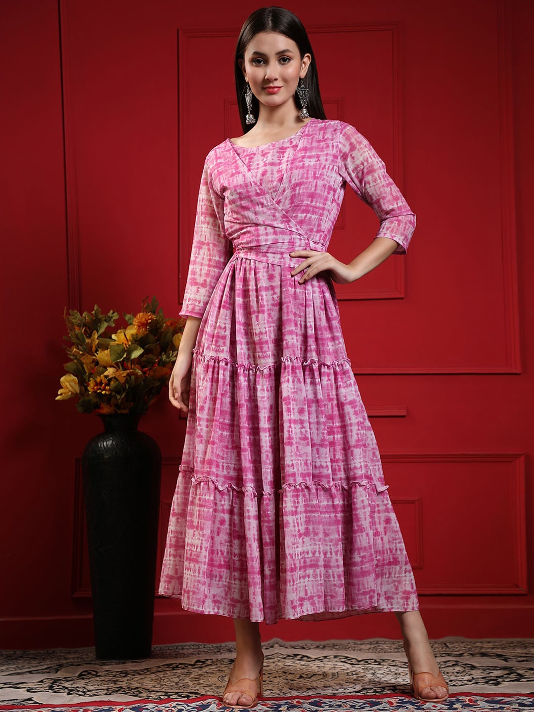 

BLACK SCISSOR Tie & Dye Gathered Detailed Tiered Fit & Flare Midi Ethnic Dress, Pink