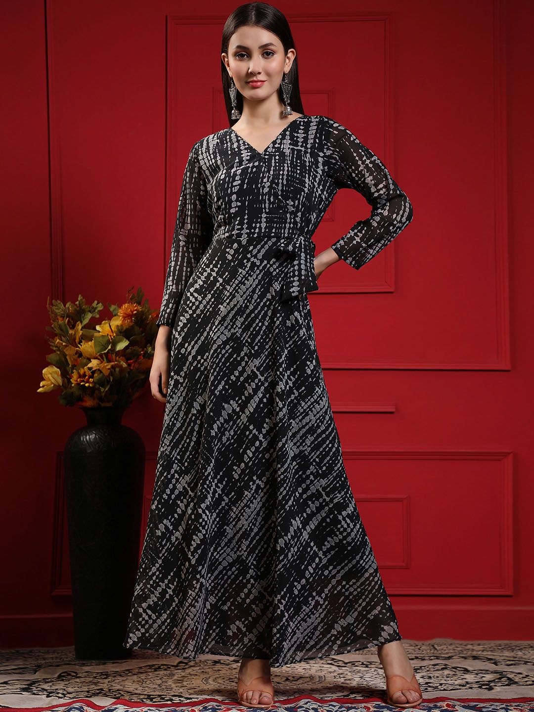

BLACK SCISSOR Abstract Printed Georgette Maxi Ethnic Dresses