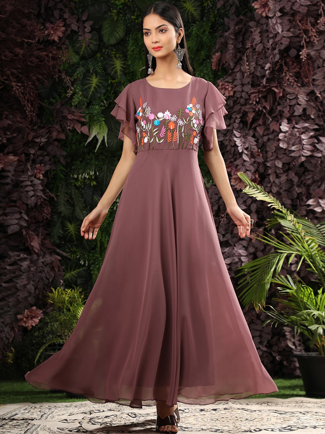 

BLACK SCISSOR Flutter Sleeves Embroidered Detailed Maxi Ethnic Dress, Mauve