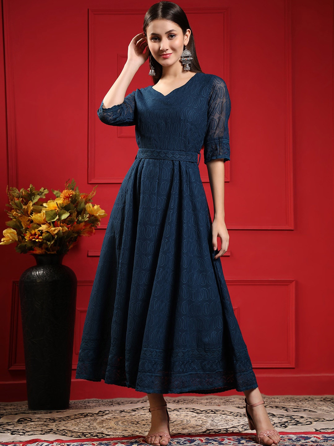 

BLACK SCISSOR Ethnic Motifs Embroidered Chikankari Fit & Flare Midi Ethnic Dress With Belt, Navy blue