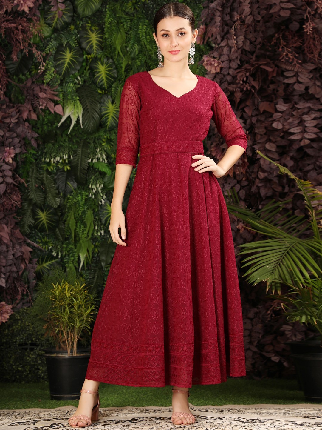

BLACK SCISSOR Ethnic Motifs Embroidered Belted Georgette Fit & Flare Maxi Ethnic Dress, Maroon