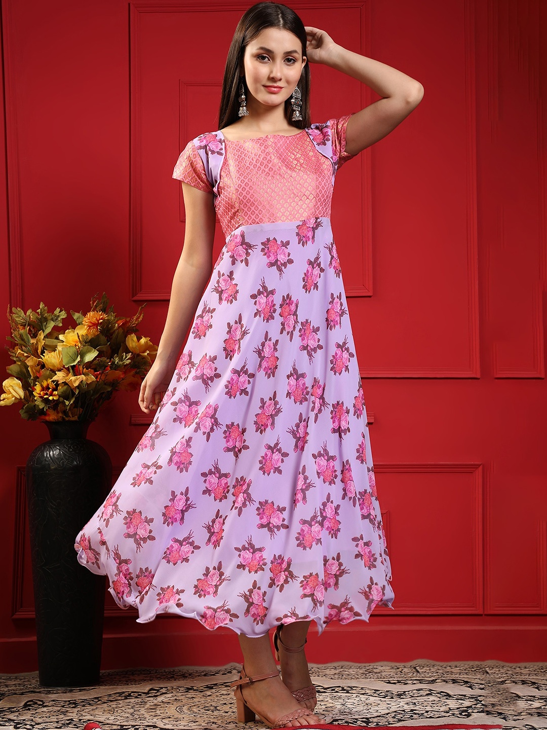 

BLACK SCISSOR Floral Printed Georgette Fit & Flare Maxi Ethnic Dress, Lavender