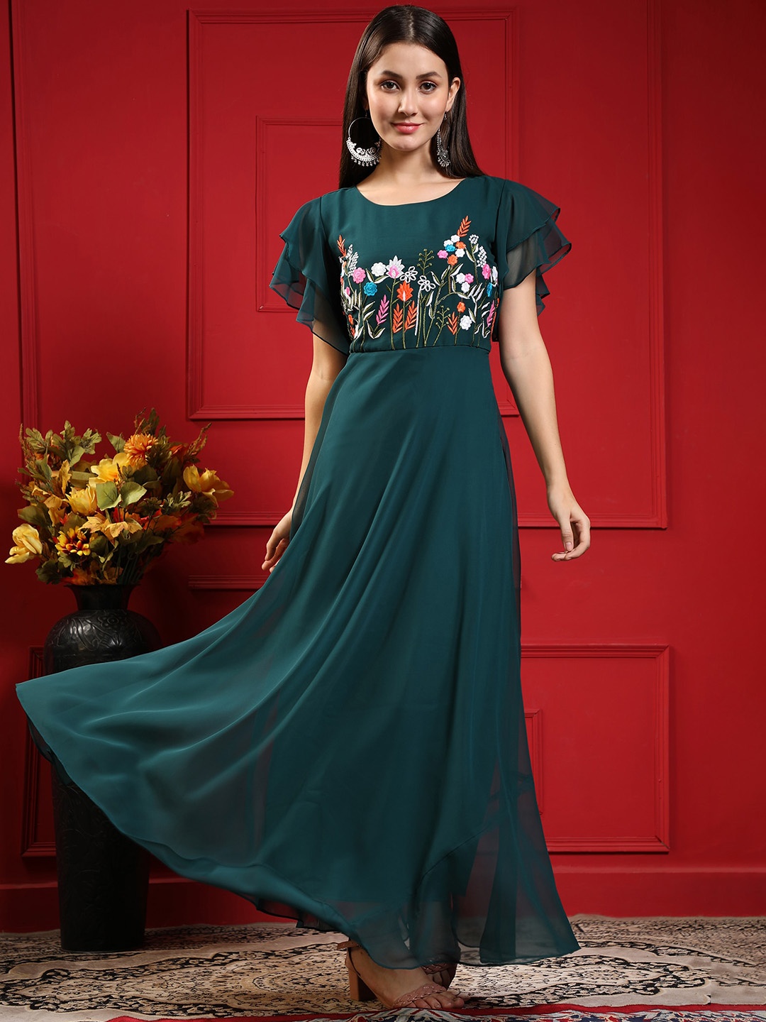 

BLACK SCISSOR Floral Embroidered Flared Sleeves Georgette Maxi Ethnic Dresses, Teal