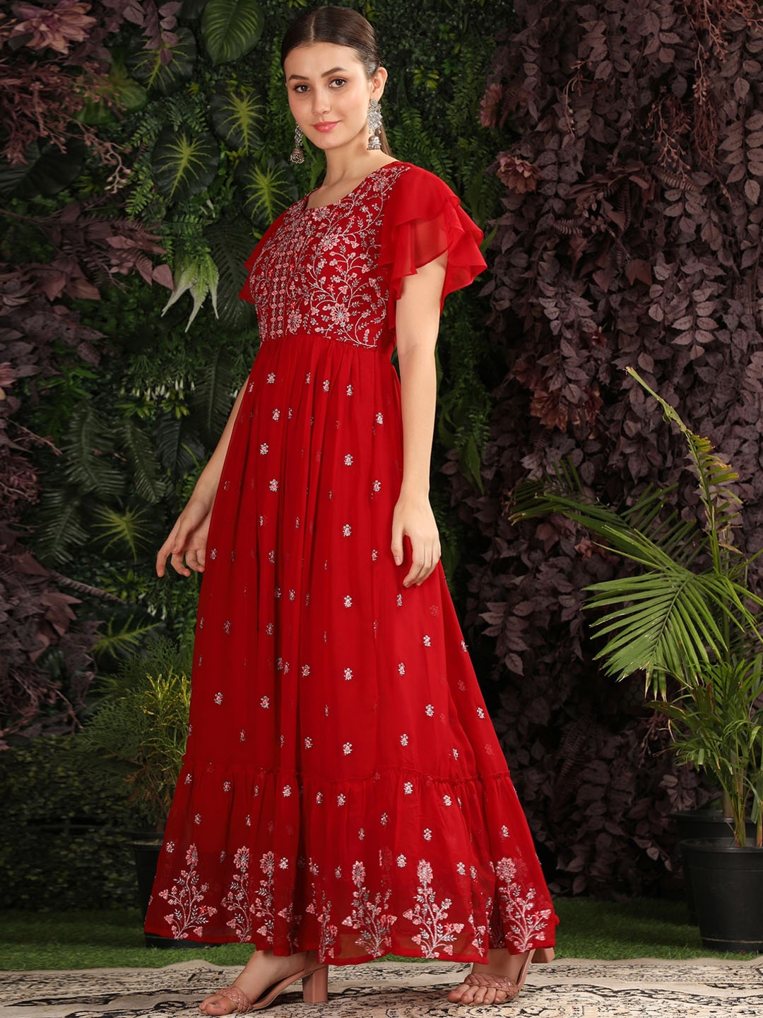 

BLACK SCISSOR Floral Embroidered Georgette Fit and Flare Maxi Ethnic Dress, Red