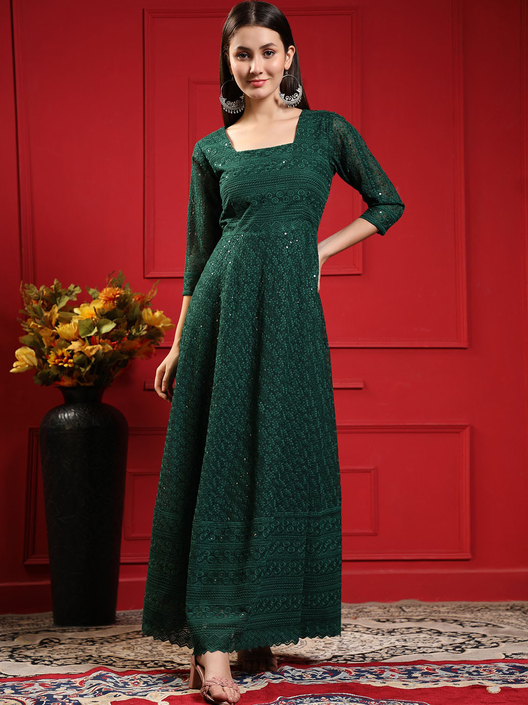 

BLACK SCISSOR Ethnic Motifs Self Design Square Neck Sequinned Georgette Maxi Ethnic Dress, Green