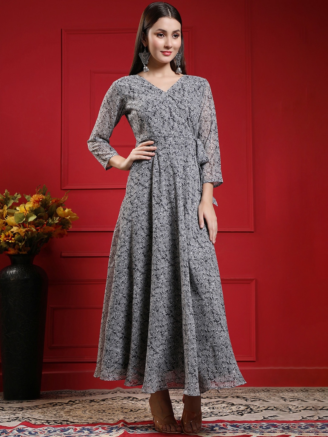 

BLACK SCISSOR Floral Printed Georgette Maxi Wrap Ethnic Dress, Grey
