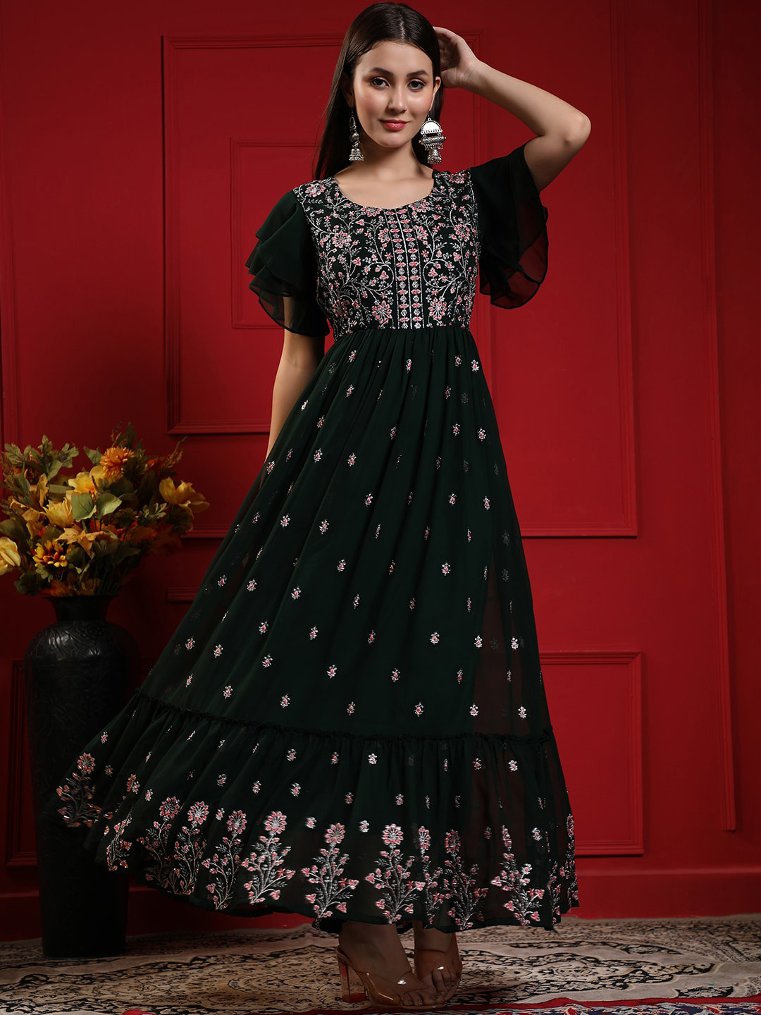 

BLACK SCISSOR Floral Embroidered Gathered Georgette Maxi Fit & Flare Ethnic Dress, Green