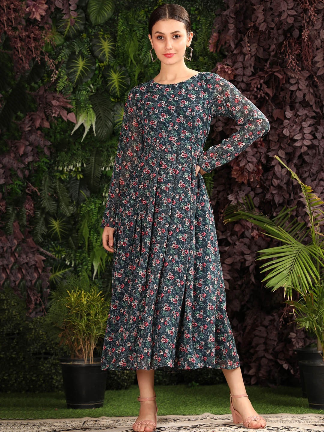 

BLACK SCISSOR Floral Printed Gathered Georgette Maxi Ethnic Dress, Teal