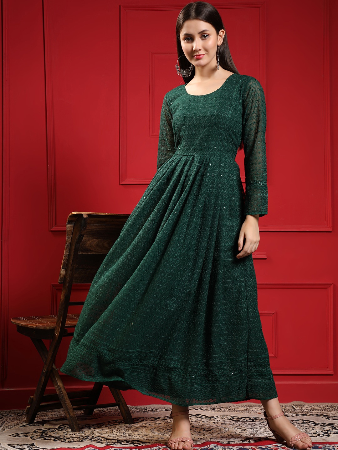 

BLACK SCISSOR Ethnic Motifs Self Design Sequinned Georgette Maxi Ethnic Dresses, Green