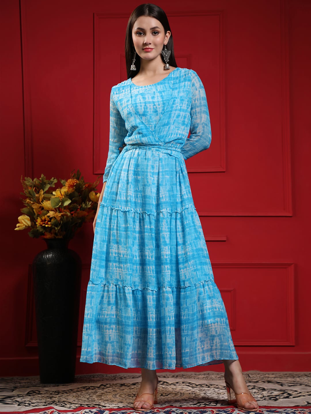 

BLACK SCISSOR Tie-Dye Tiered Fit-&-Flare Maxi Ethnic Dress, Blue