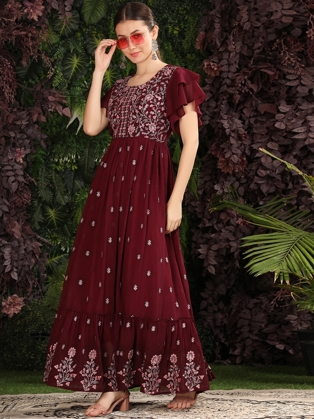 

BLACK SCISSOR Floral Embroidered Georgette Fit and Flare Maxi Ethnic Dress, Burgundy