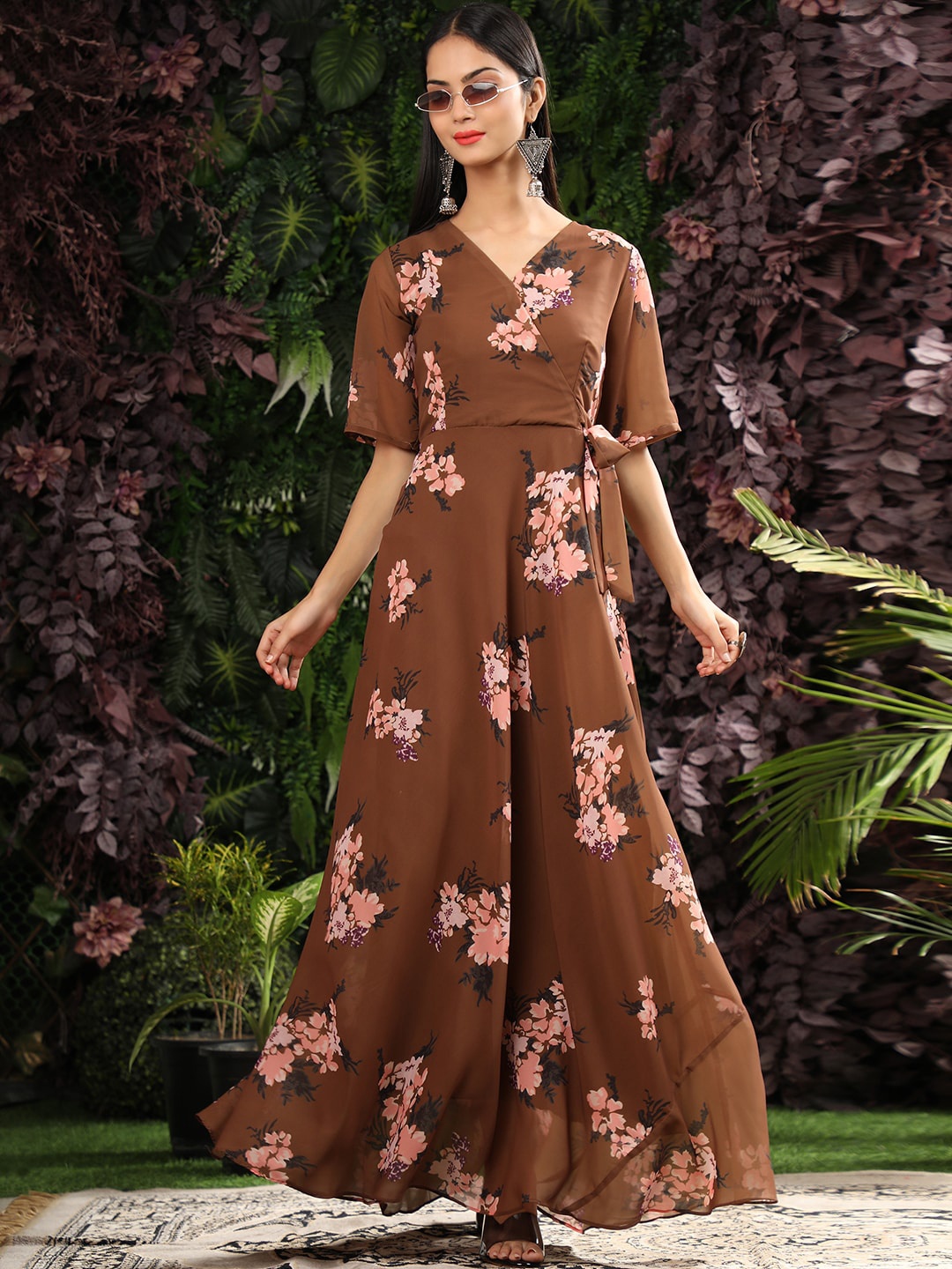 

BLACK SCISSOR Floral Printed Tie-Ups Georgette Maxi Ethnic Dress, Brown