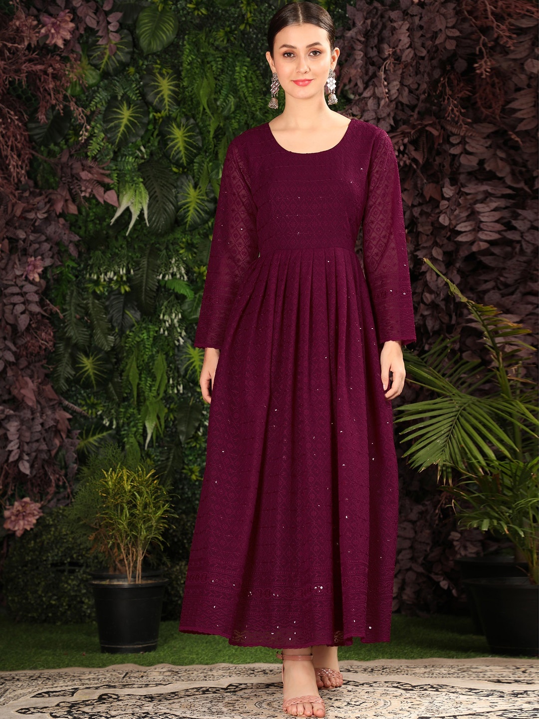 

BLACK SCISSOR Ethnic Motifs Embroidered Sequinned Detailed Maxi Ethnic Dress, Burgundy