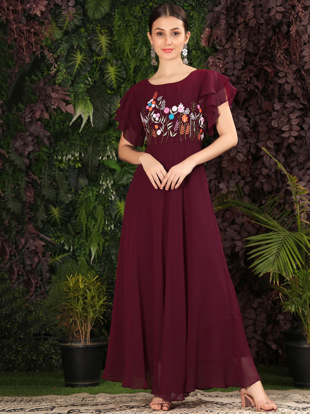 

BLACK SCISSOR Flutter Sleeves Embroidered Detailed Maxi Ethnic Dress, Burgundy