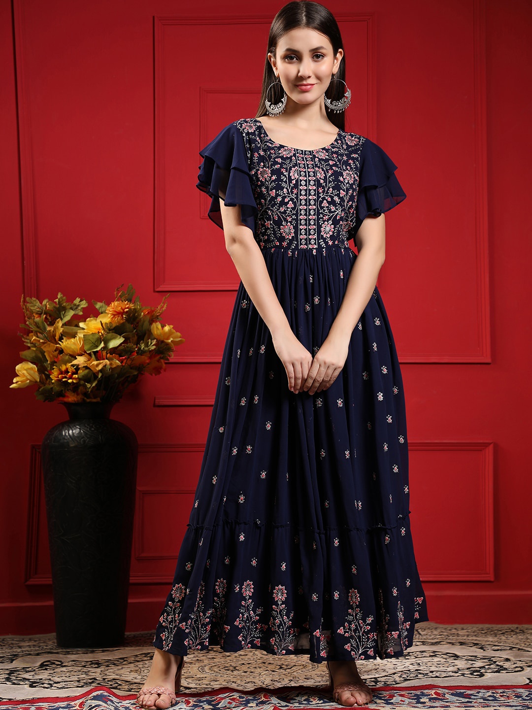 

BLACK SCISSOR Floral Embroidered Flared Sleeves Gathered Georgette Maxi Ethnic Dresses, Navy blue