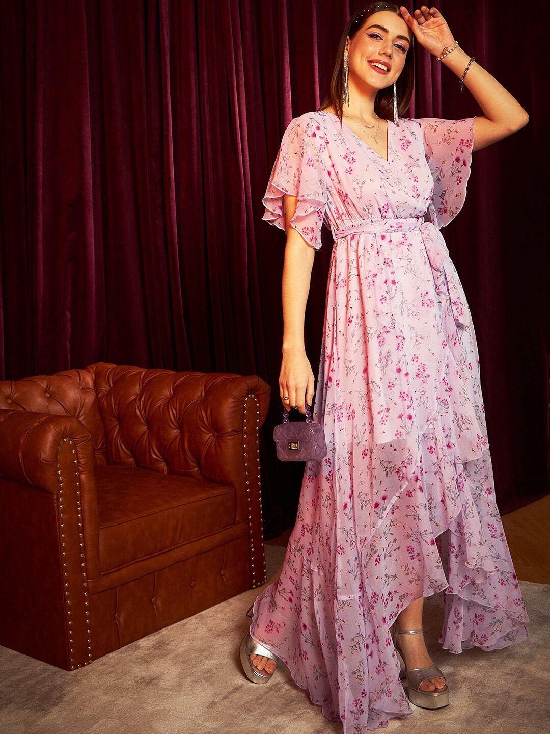 

Berrylush Floral Printed V-Neck Flared Sleeves Tie-Ups Maxi Dress, Pink