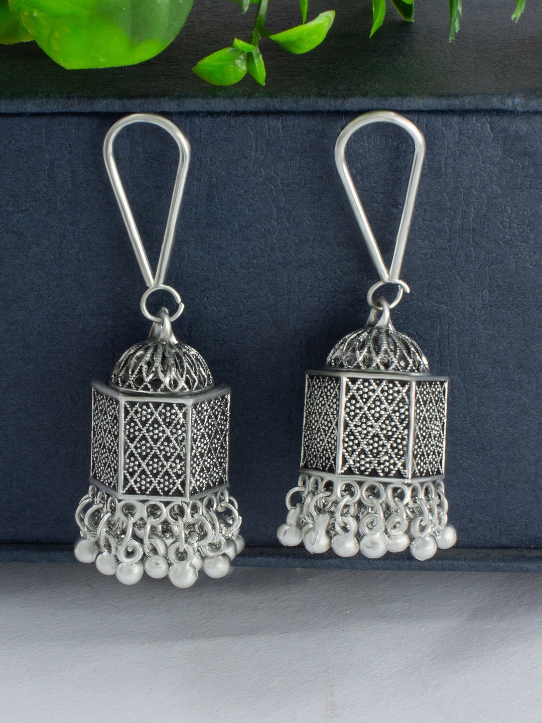 

PRIVIU Silver Plated Oxidised Dome Shaped Jhumkas
