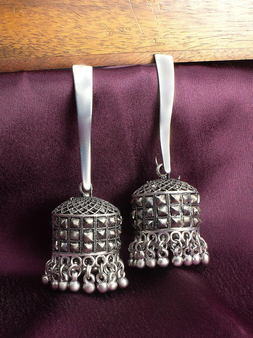 

PRIVIU Silver Plated Oxidised Dome Shaped Jhumkas