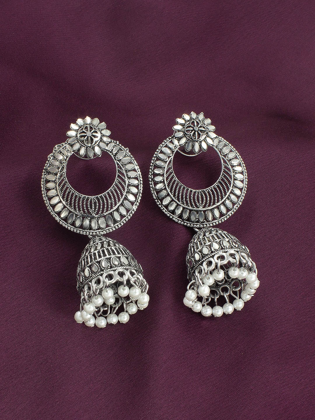 

PRIVIU Silver-Plated Oxidised Crescent Shaped Jhumkas