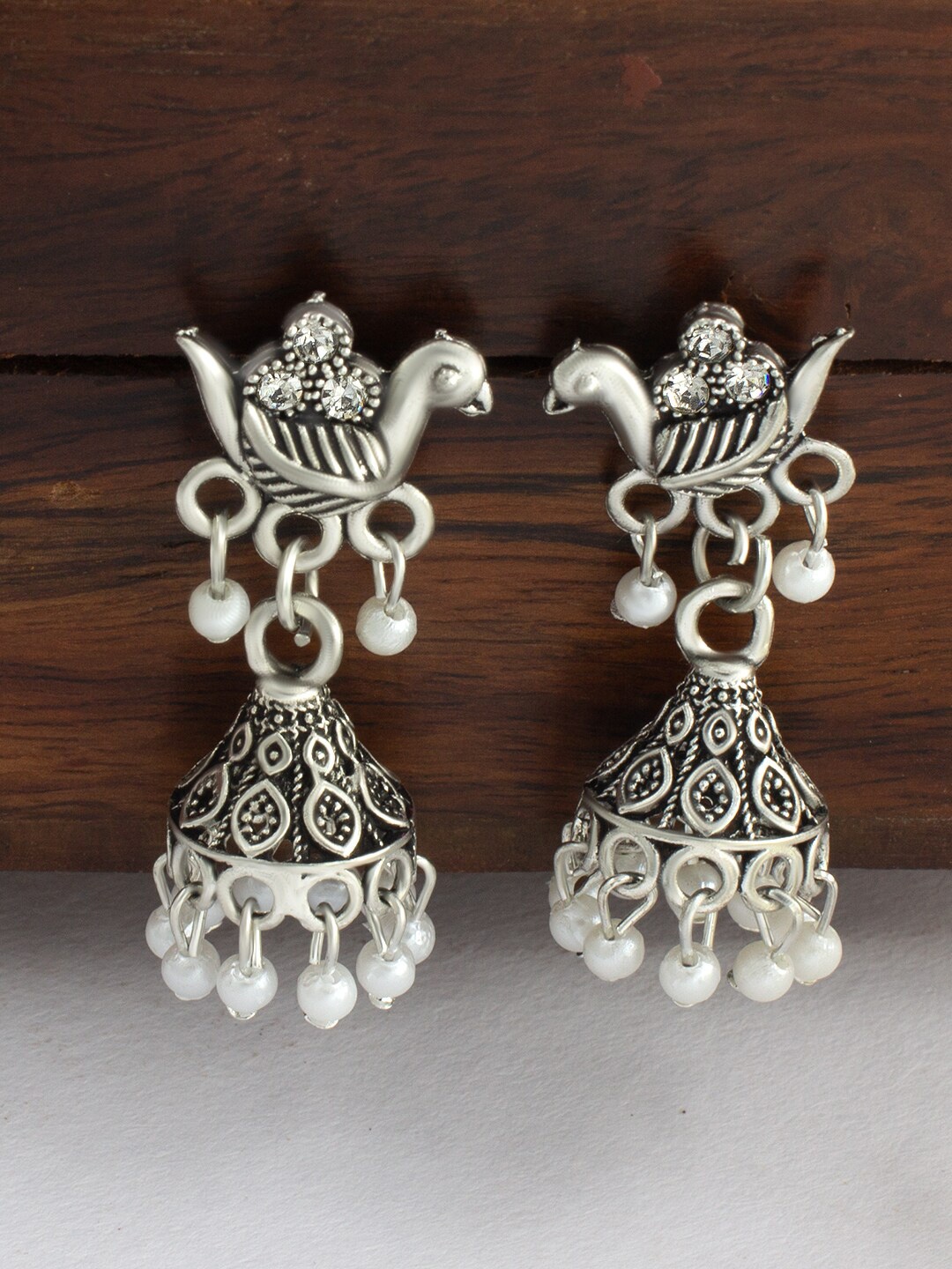 

PRIVIU Silver-Plated Oxidised Peacock Shaped Jhumkas