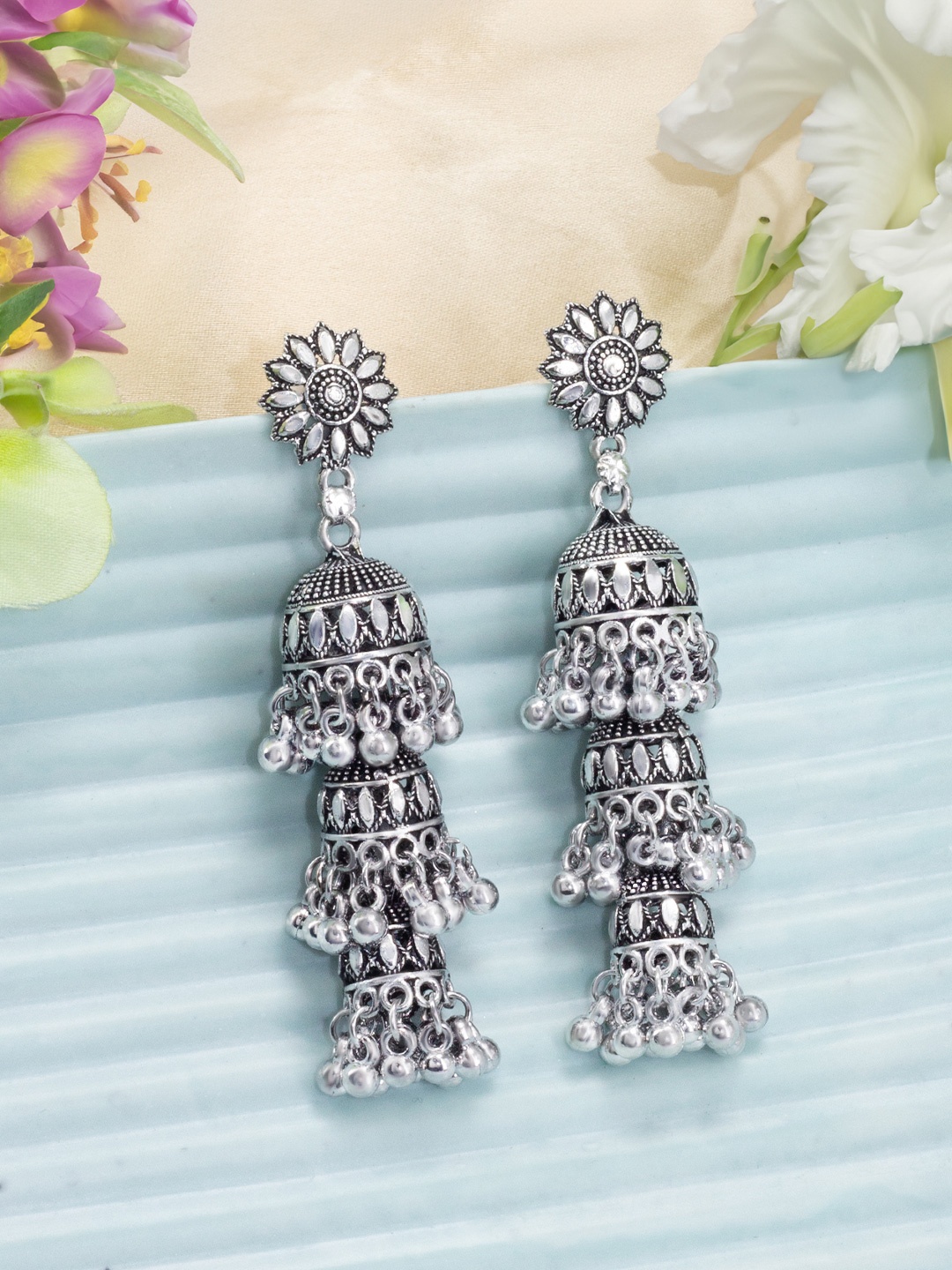 

PRIVIU Silver-Plated Floral Jhumkas