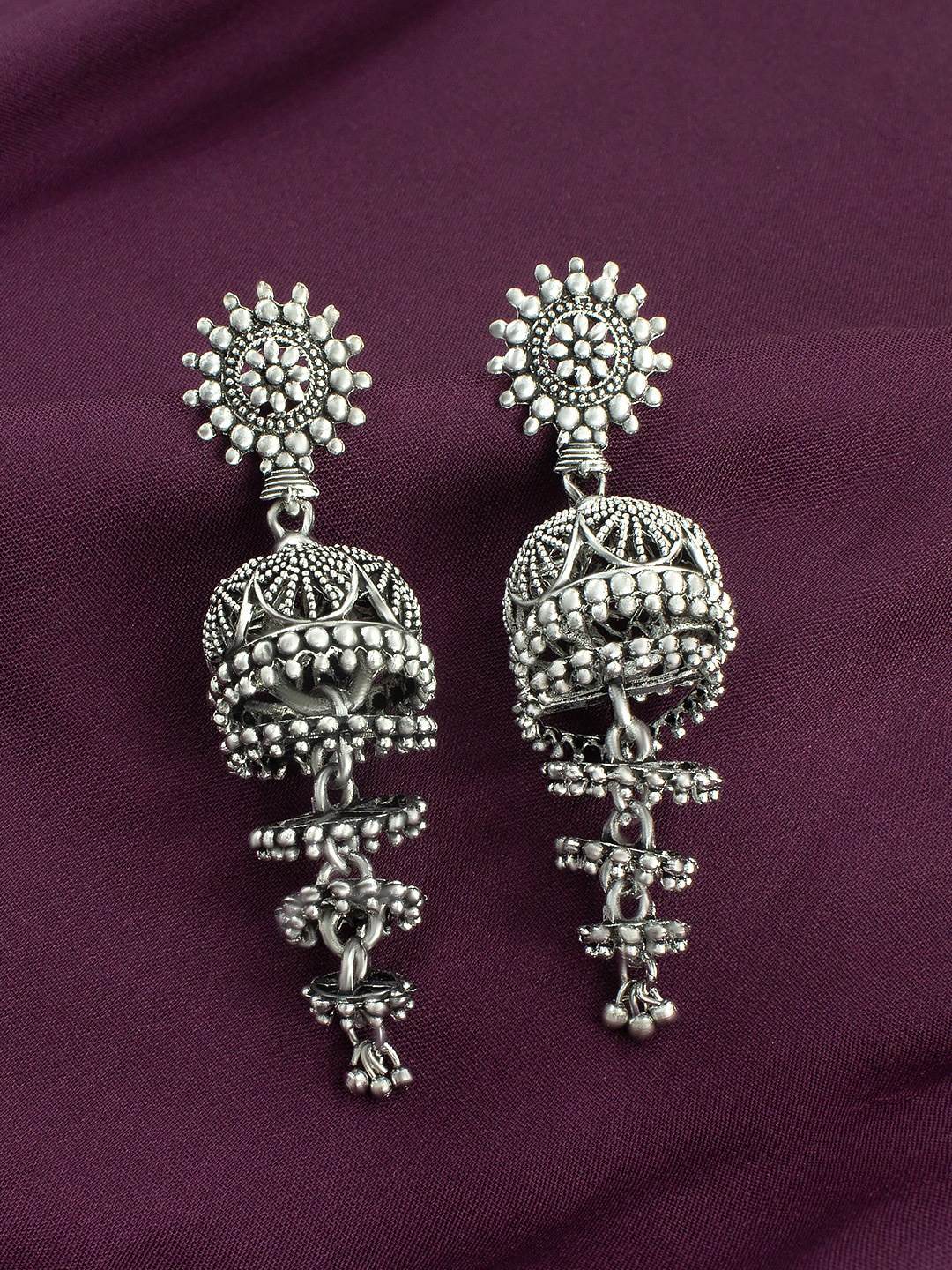 

PRIVIU Silver-Plated Oxidised Classic Jhumkas