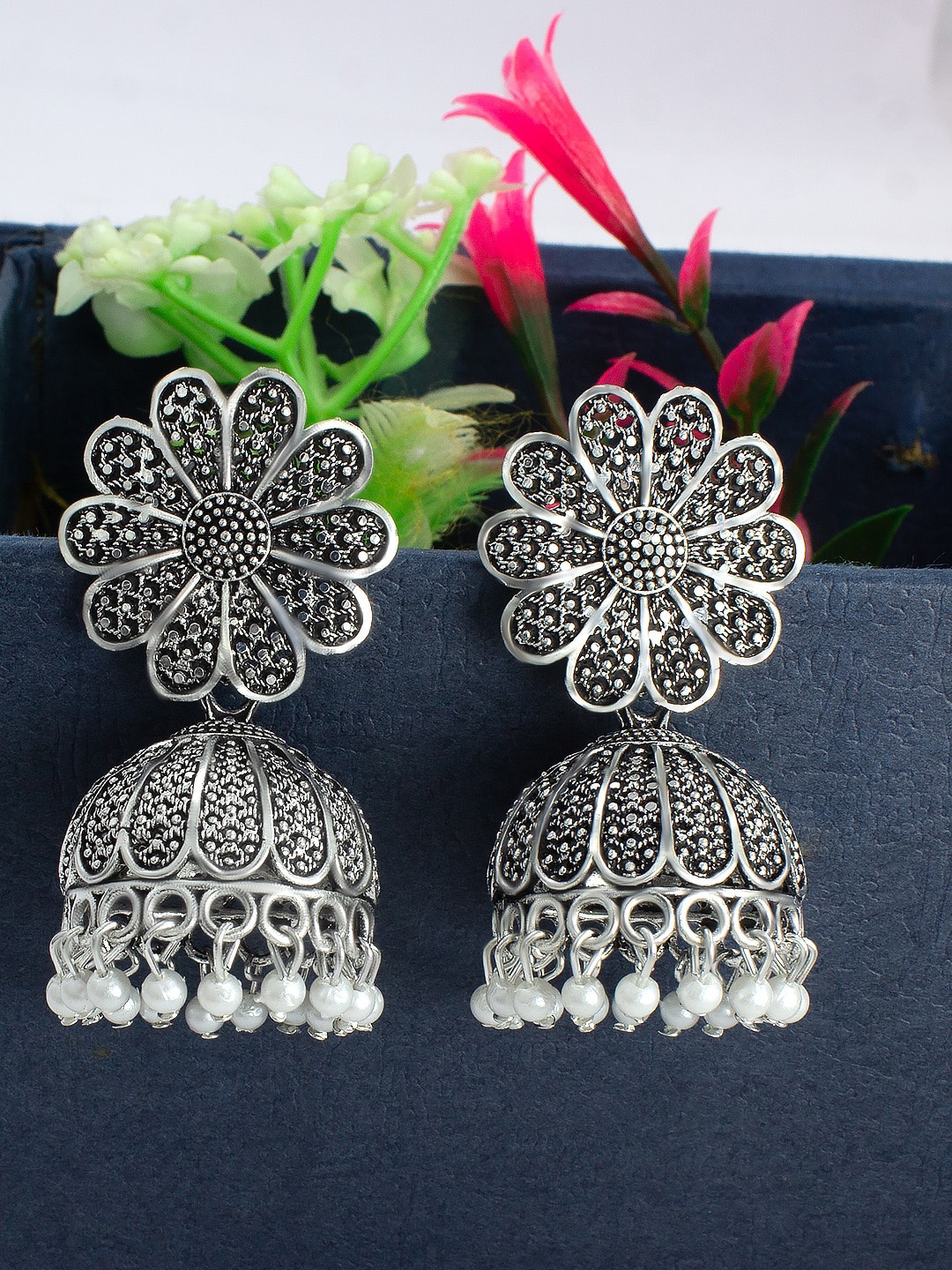 

PRIVIU Silver-Plated Oxidised Floral Jhumkas