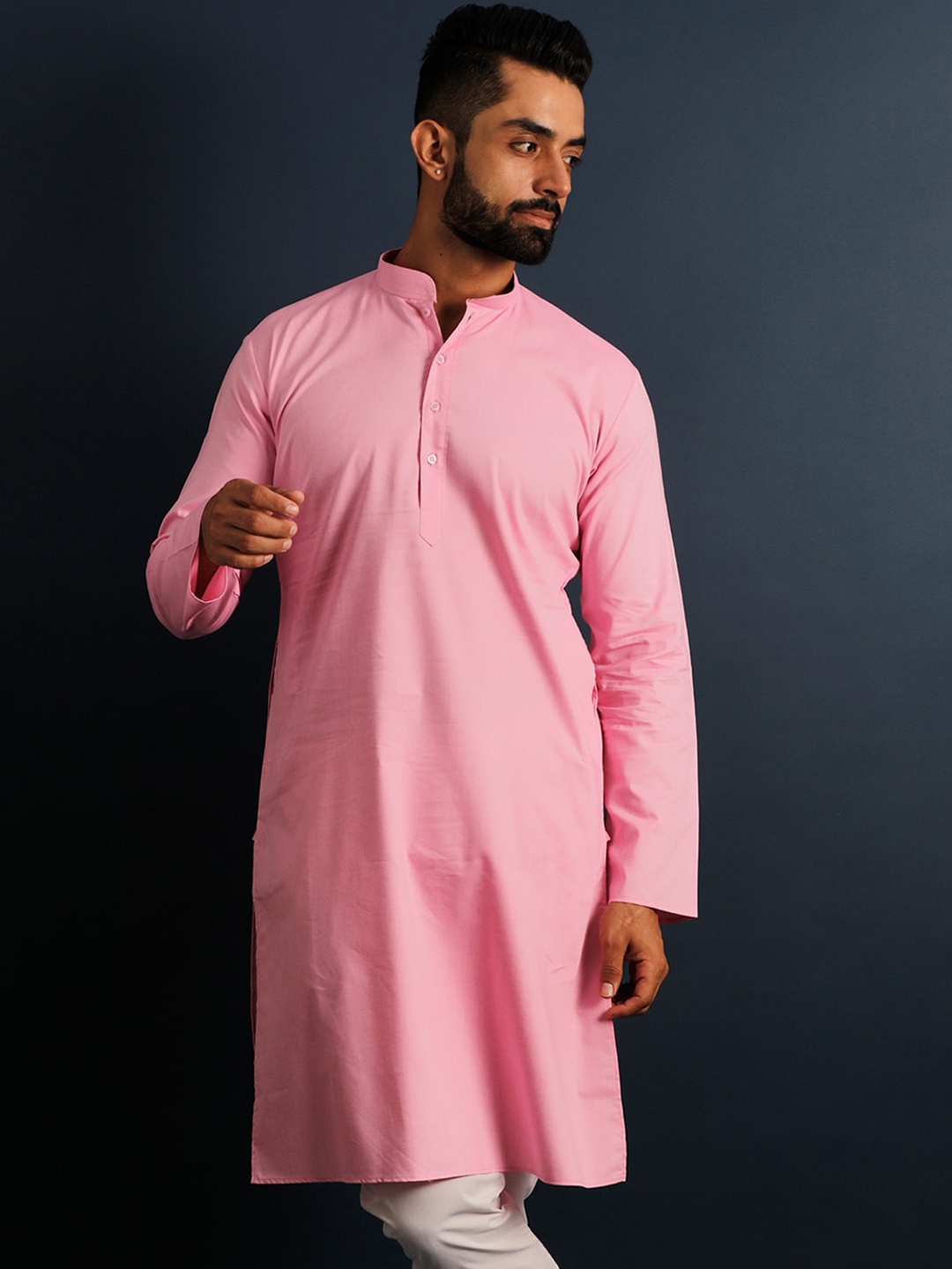 

Lightpole Mandarin Collar Long Sleeves Pure Cotton Straight Kurta, Pink