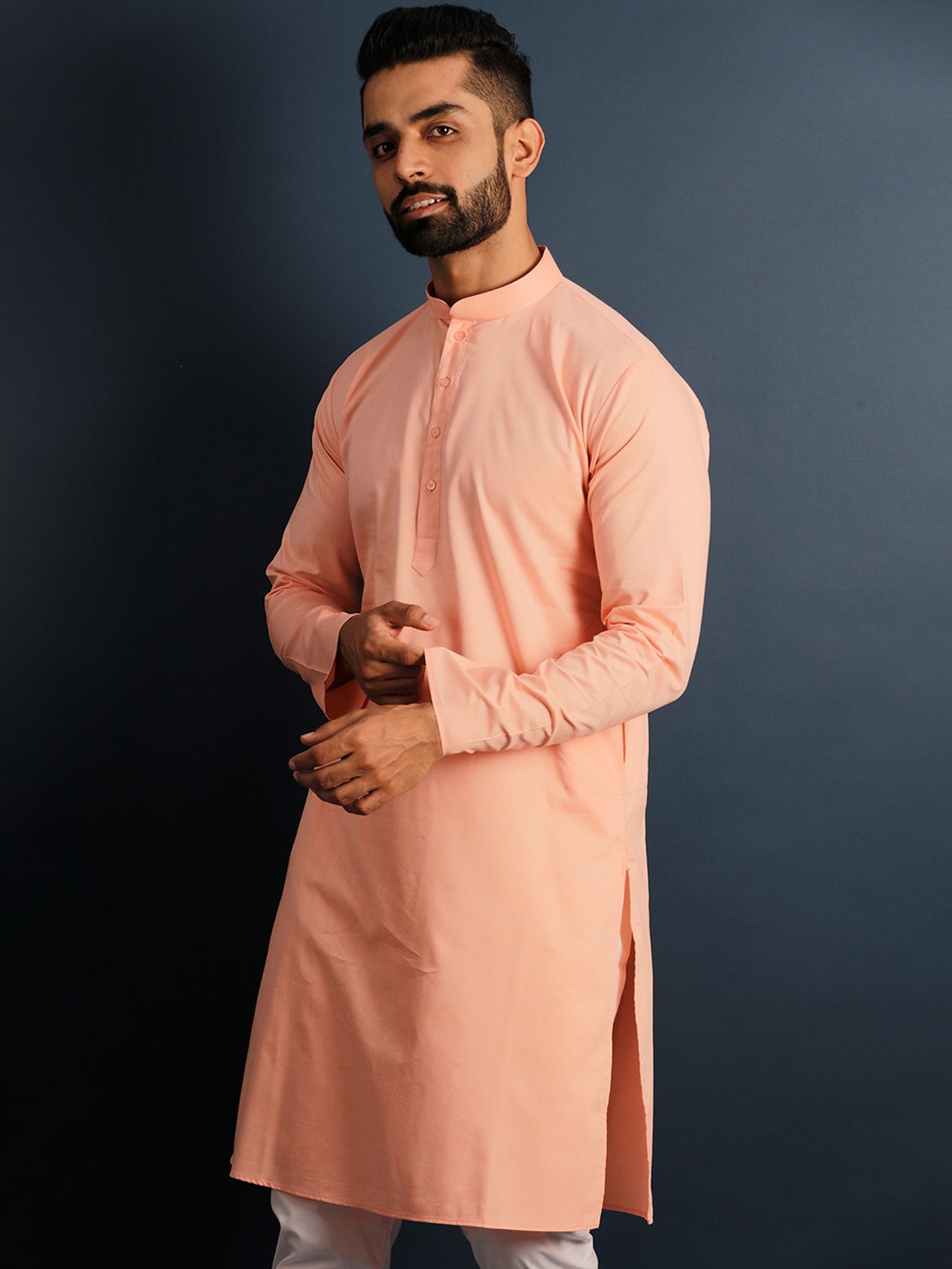 

Lightpole Men Blue Thread Work Kurta, Peach