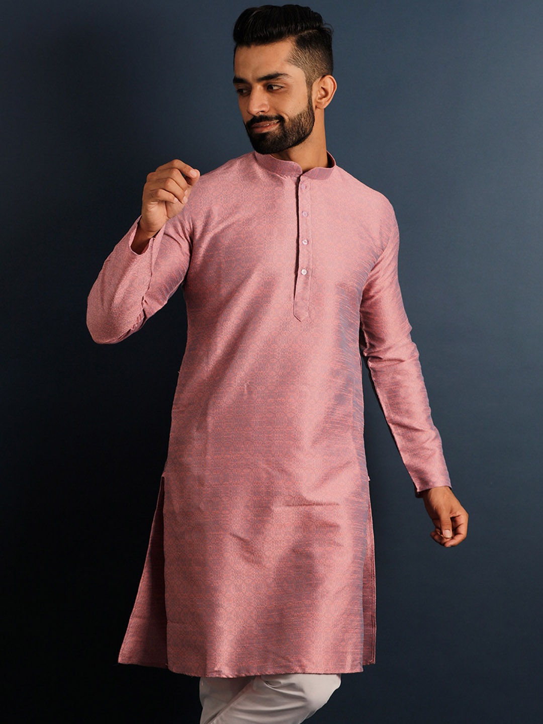 

Lightpole Mandarin Collar Dupion Silk Straight Kurta, Pink