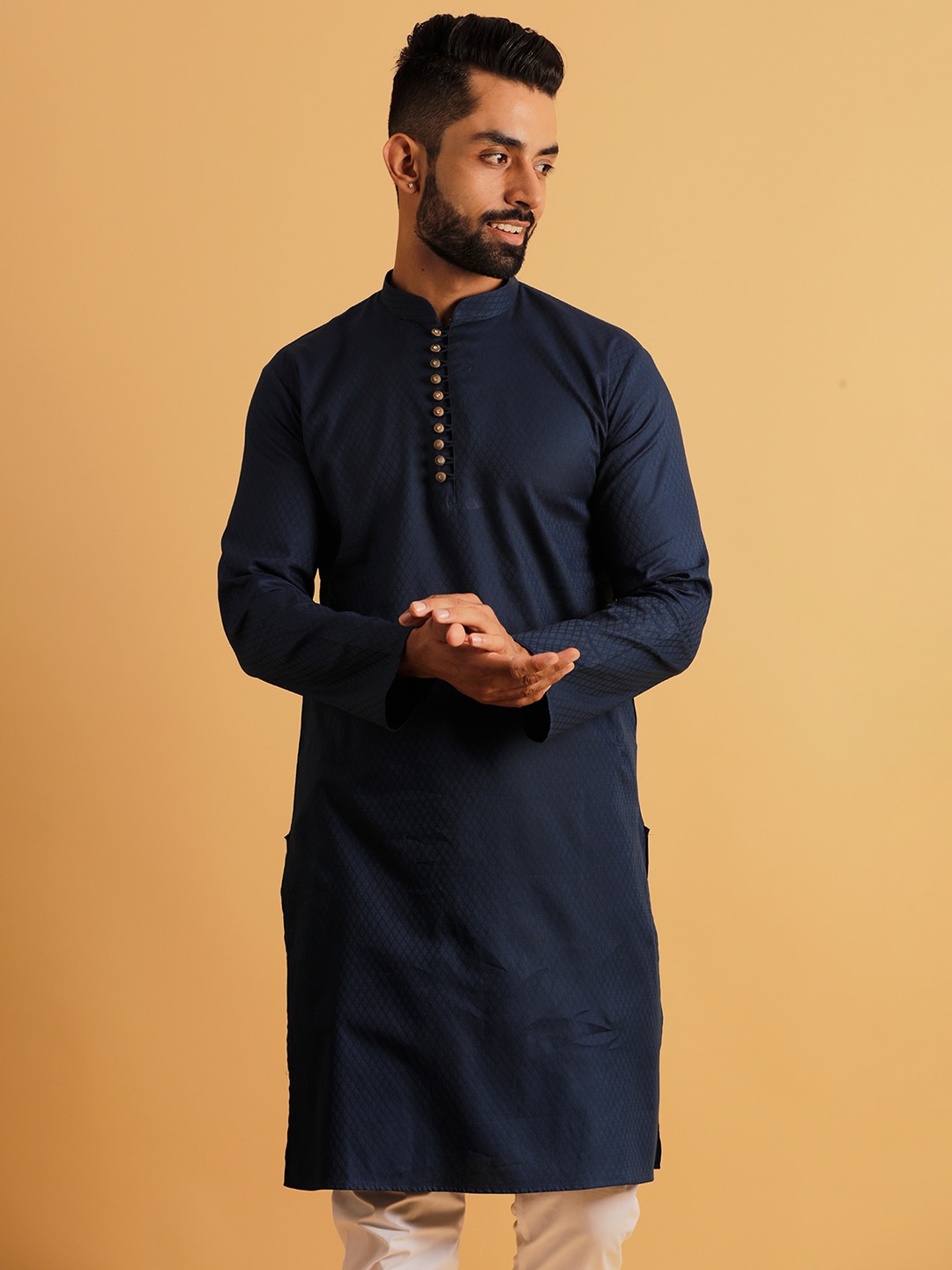 

Lightpole Woven Design Mandarin Collar Straight Kurta, Navy blue