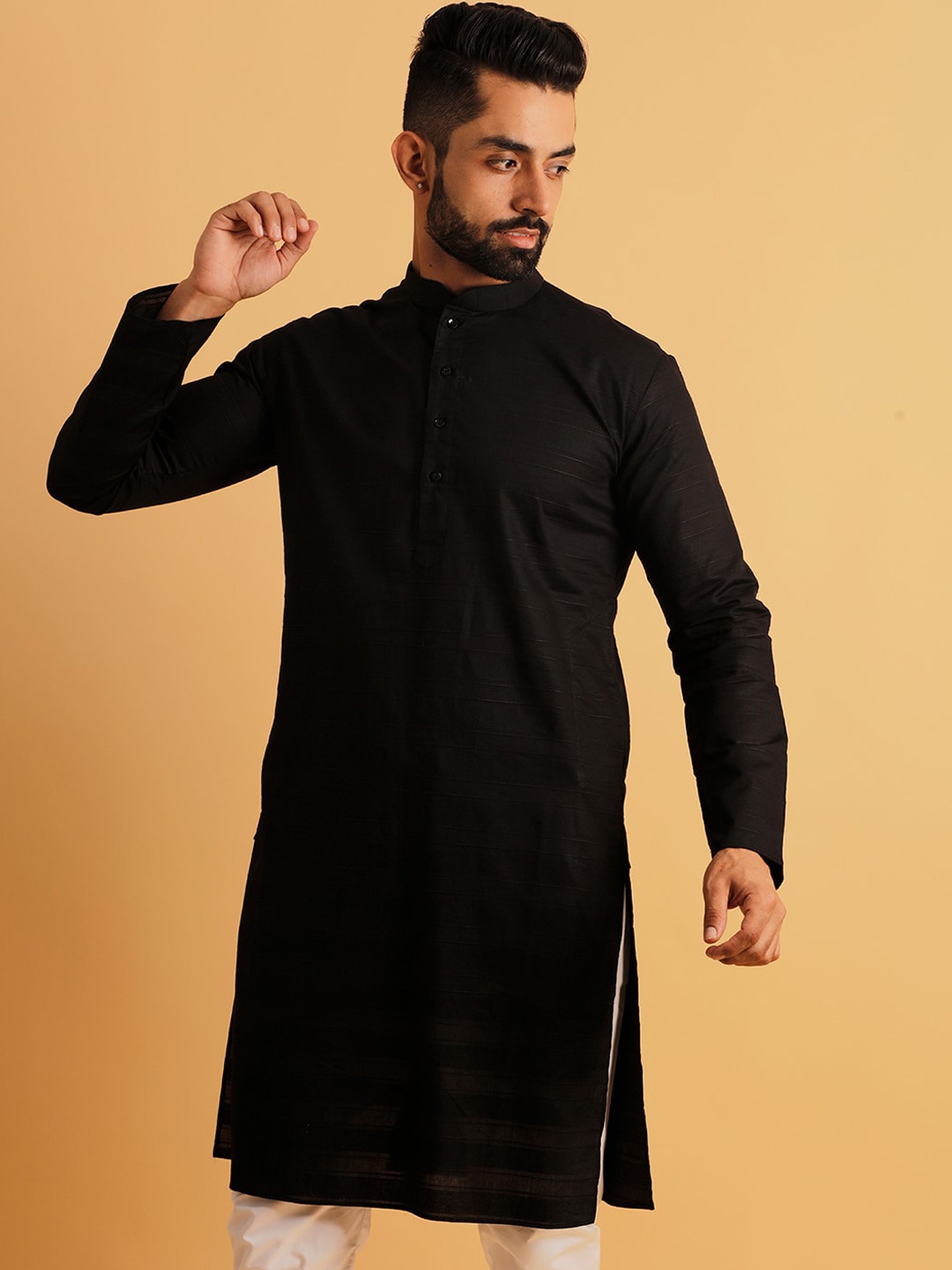 

Lightpole Mandarin Collar Cotton Straight Kurta, Black