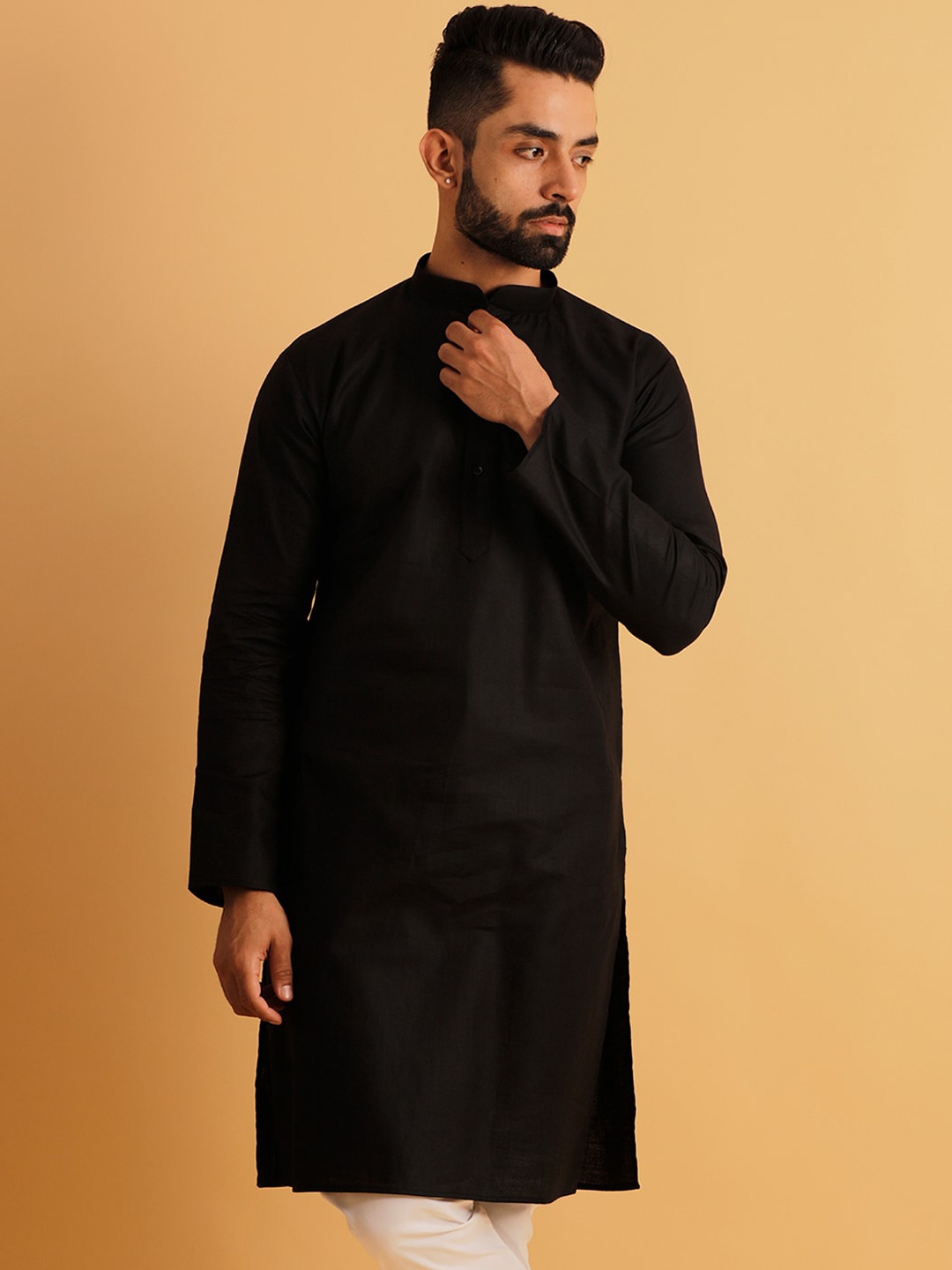 

Lightpole Mandarin Collar Cotton Straight Kurta, Black